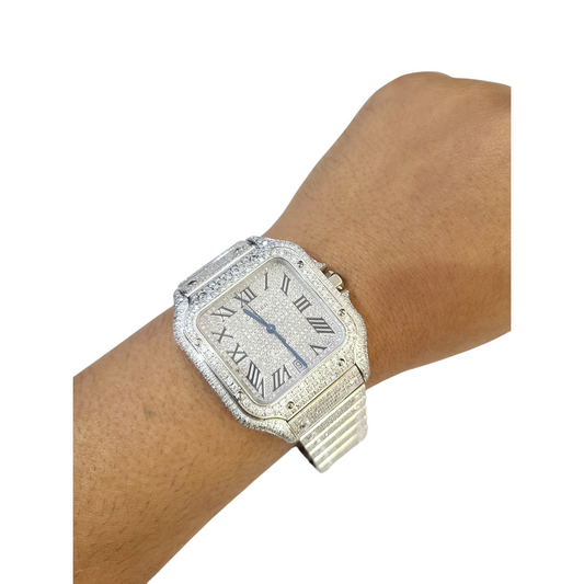 40mm Cartier Santos Men's S.Steel Watch Roman Iced Out 12 CT Diamonds (pre-owned)