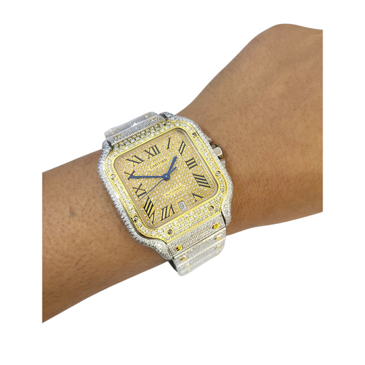 Cartier Santos Men's S.Steel Watch Roman Iced Out 12ct Diamonds 40mm (pre-owned)