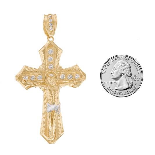 10k Two Tone Gold Cruficix White CZ Mens Religious Cross Crucifix Pendant (P12851)