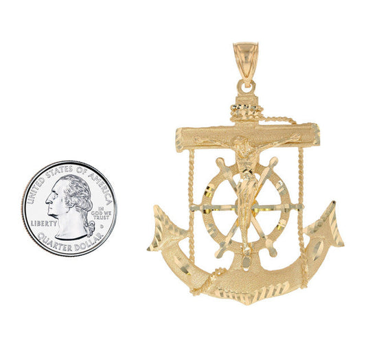 10k / 14k Yellow Gold Anchor Charm Mens Religious Crucifix Jesus Pendant (SKU# P11925)
