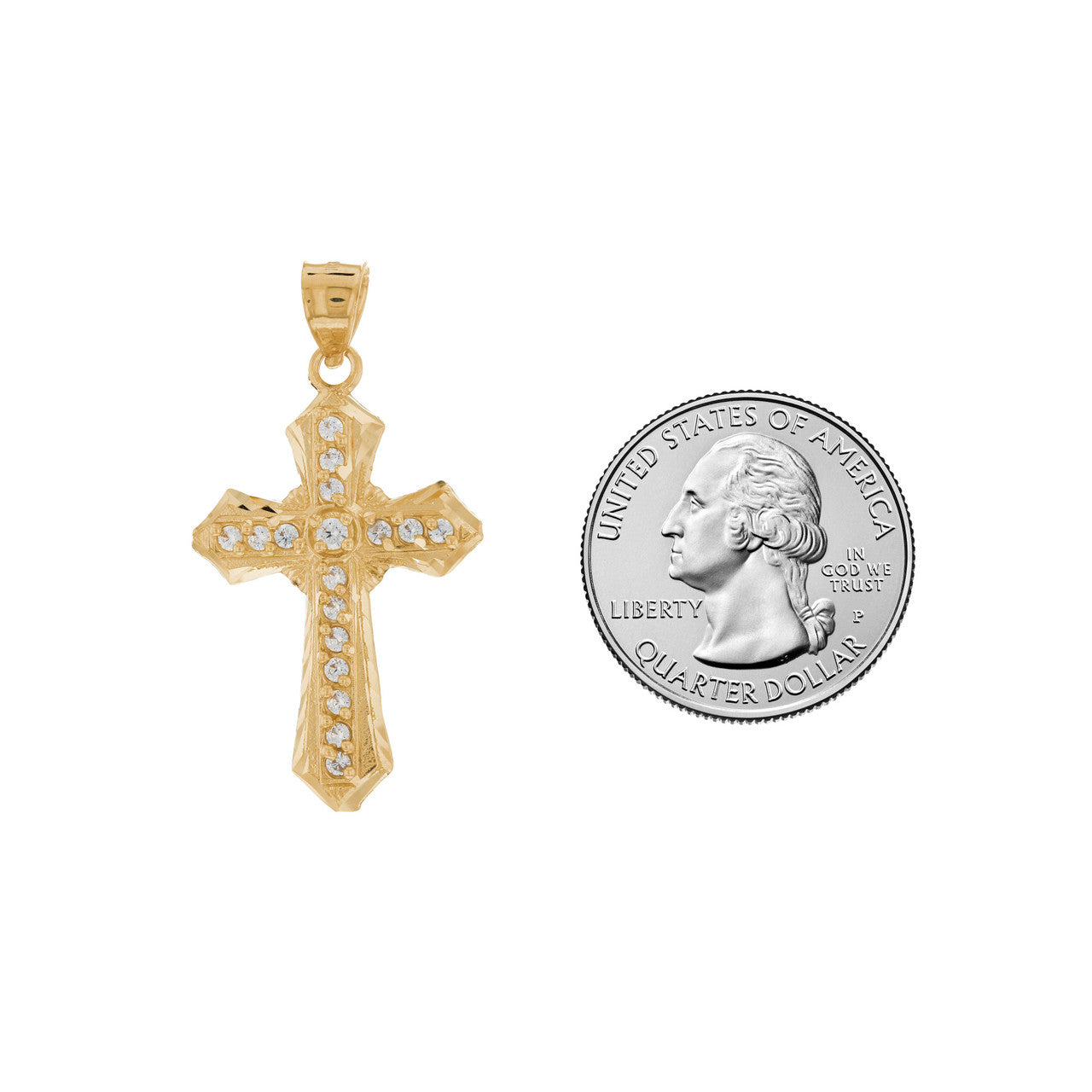 10k Yellow Gold Cross White CZ Unisex Religious Pendant (P13084)