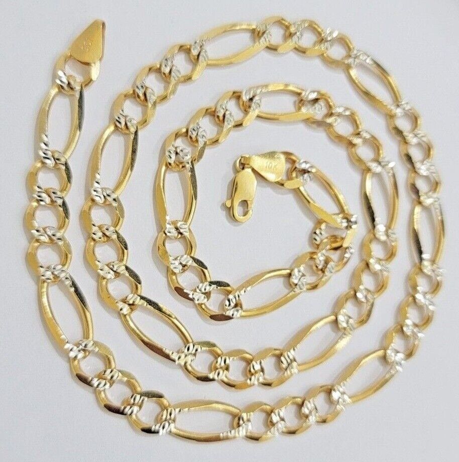 Figaro Link Chain Real 10k Yellow Gold 8mm Necklace 18 - 30 Inch Solid Two Tone - Reva Jeweler