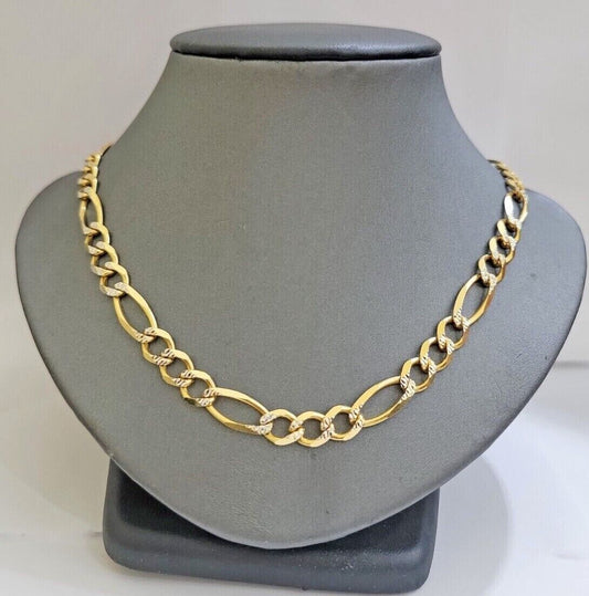 Figaro Link Chain Real 10k Yellow Gold 8mm Necklace 18 - 30 Inch Solid Two Tone - Reva Jeweler