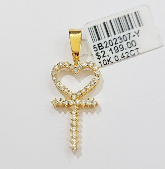 Ladies charm pendant Real 10k gold Natural Diamonds Heart Ankh Cross For Women - Reva Jeweler
