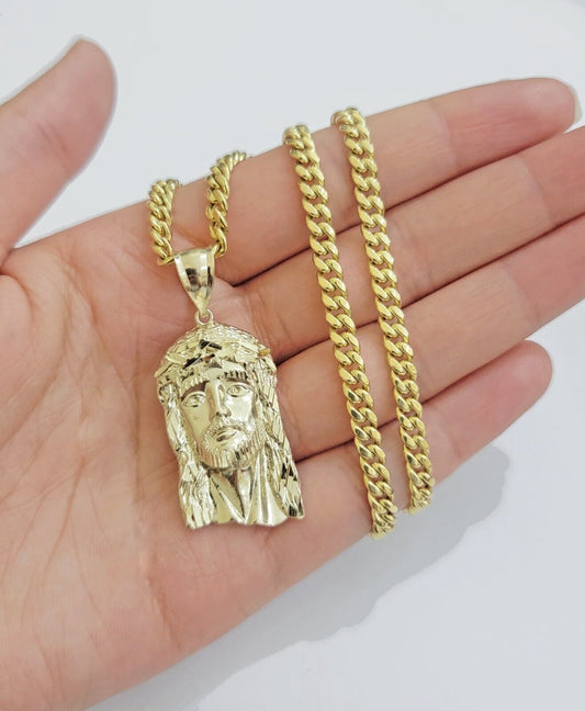 Mens 10k Gold Chain Necklace Charm Pendant SET ,5mm Miami Cuban Link, Jesus Face - Reva Jeweler