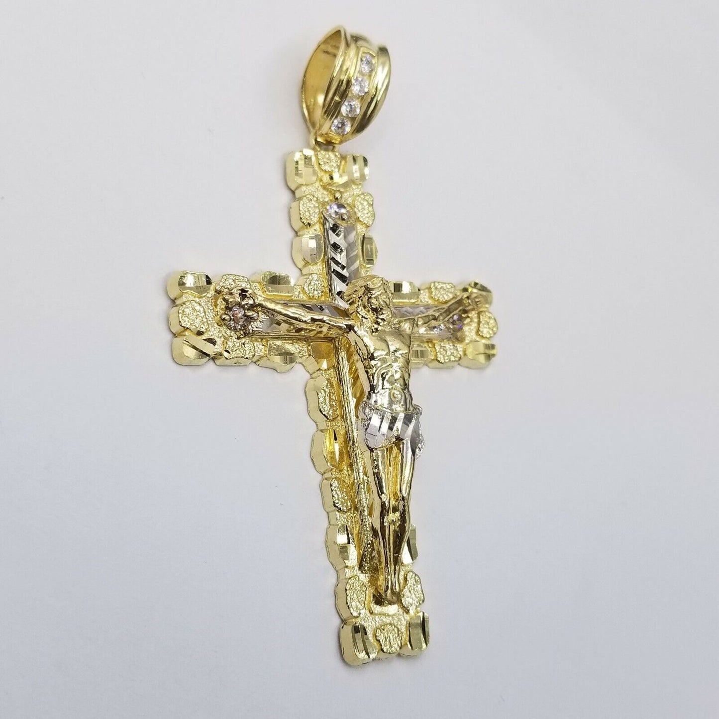 Mens 10k Yellow Gold Cross Charm Diamond Cut Pendant Byzantine Chain in 24" Real - Reva Jeweler