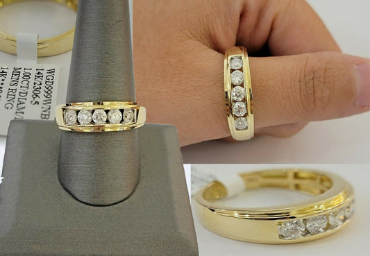 Men's Diamond Wedding Band 1 CT Round 14K Yellow Gold Brilliant Solitaire Diam - Reva Jeweler