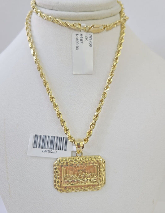 Real 10k 3mm Rope Chain Last Supper Pendant Charm 18" 20" 22" 24" 26" Set Yellow - GoldenlinQ