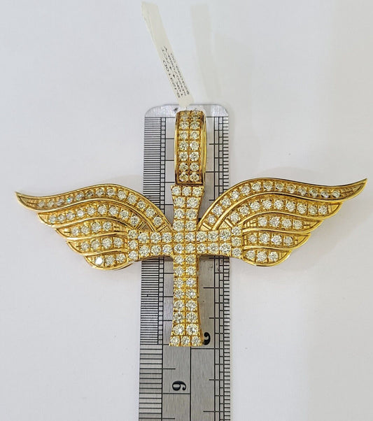 Real 10k Diamond Cross Wings Charm Yellow Gold Men Women Pendant Genuine 3" - Reva Jeweler