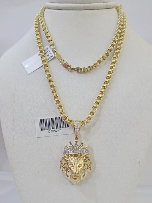 Real 10k Diamond Lion Charm Byzantine Chain Necklace 3mm 22" SET 10kt Genuine - Reva Jeweler