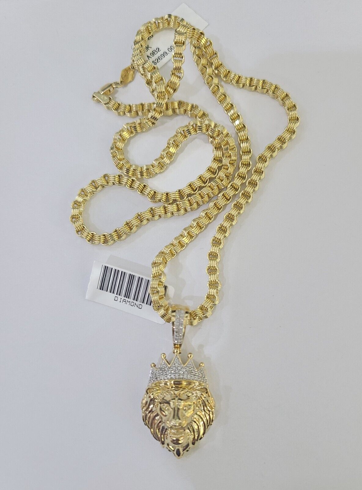 Real 10k Diamond Lion Charm Byzantine Chain Necklace 3mm 22" SET 10kt Genuine - Reva Jeweler