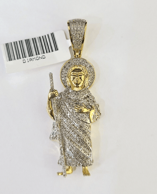 Real 10K Diamond St Jude Charm 2" Yellow Gold Pendant Genuine Real - GoldenlinQ