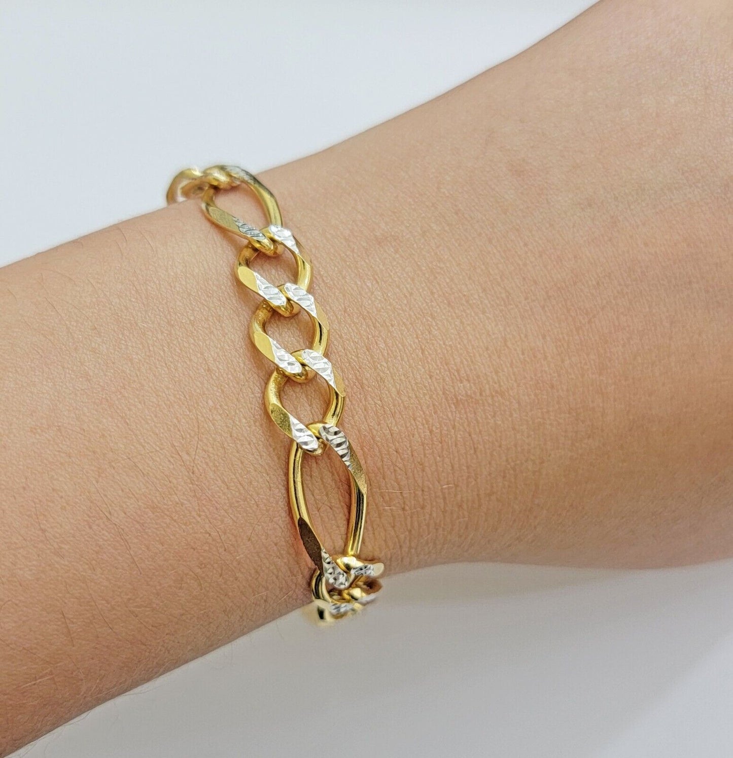 REAL 10k Gold Bracelet Figaro Link Solid Yellow Gold 8.5" 9mm Two - tone Diamond - Reva Jeweler