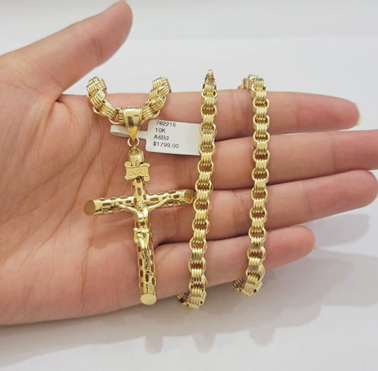 Real 10k Gold byzantine Chain Pendant Set 5mm Necklace With Jesus Cross Charm - Reva Jeweler