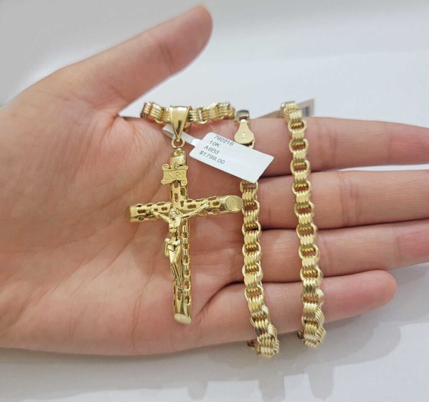 Real 10k Gold byzantine Chain Pendant Set 5mm Necklace With Jesus Cross Charm - Reva Jeweler