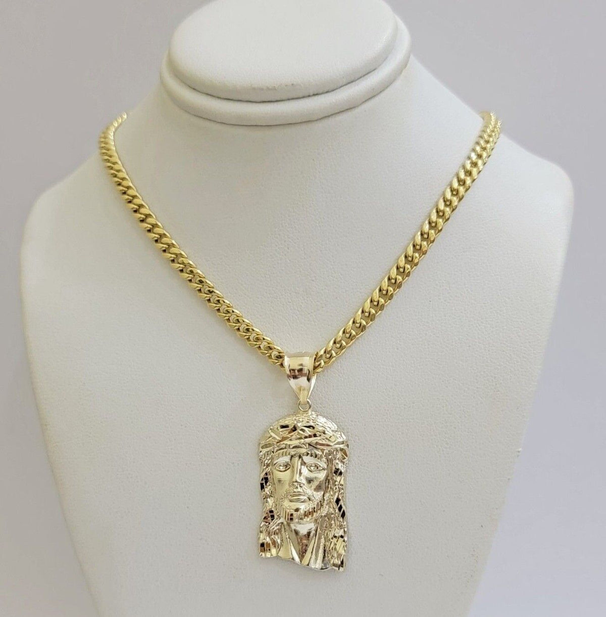 REAL 10k Gold Chain Necklace Charm Pendant SET, 5mm Miami Cuban Link, Jesus Head - Reva Jeweler