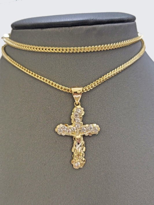 Real 10k Gold Cross Charm pendant & Franco Chain Necklace 2.5mm 20" Men Women - Reva Jeweler