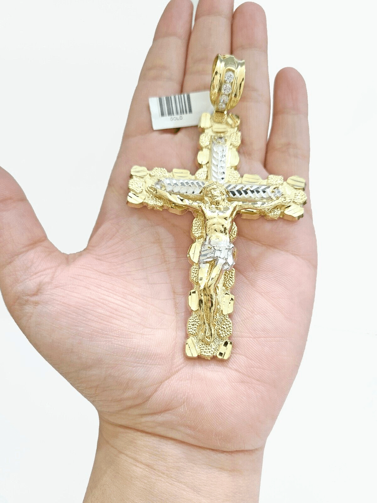 Real 10k Gold Cross Charm Pendant Jesus Crucifix 3.5'' Inch Men 10KT Yellow Gold - Reva Jeweler