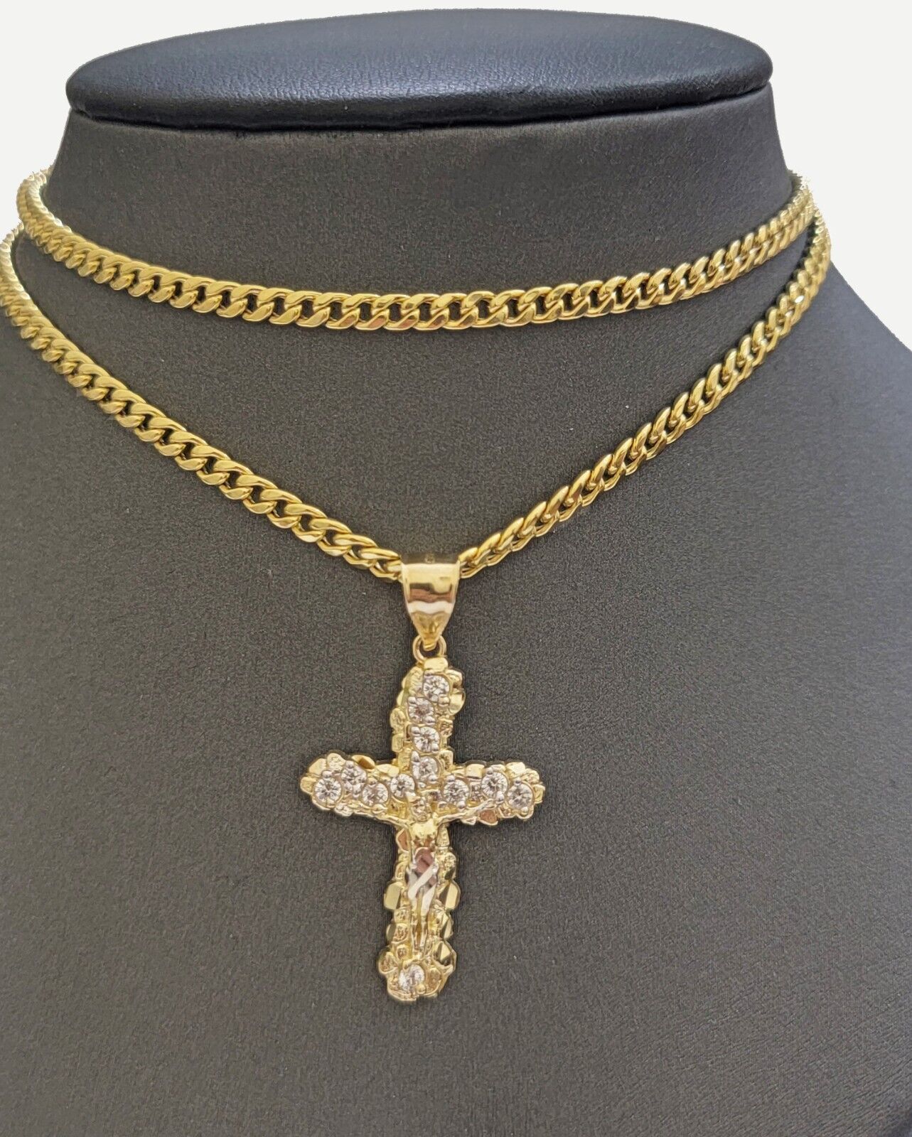 Real 10k Gold Cross Charm pendant & Miami Cuban Link Chain Necklace 4mm 22" Mens - Reva Jeweler