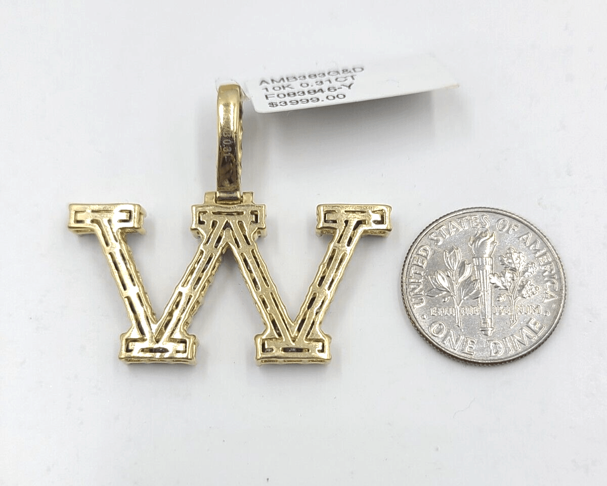 Real 10k Gold & Diamond Letter W Initial Alphabet Charm Pendant 1.25". - Reva Jeweler