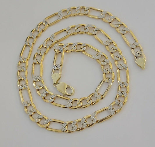 Real 10k Gold Figaro Chain Necklace 20" Inch Men's 9mm Two - tone Diamond Cuts - Reva Jeweler