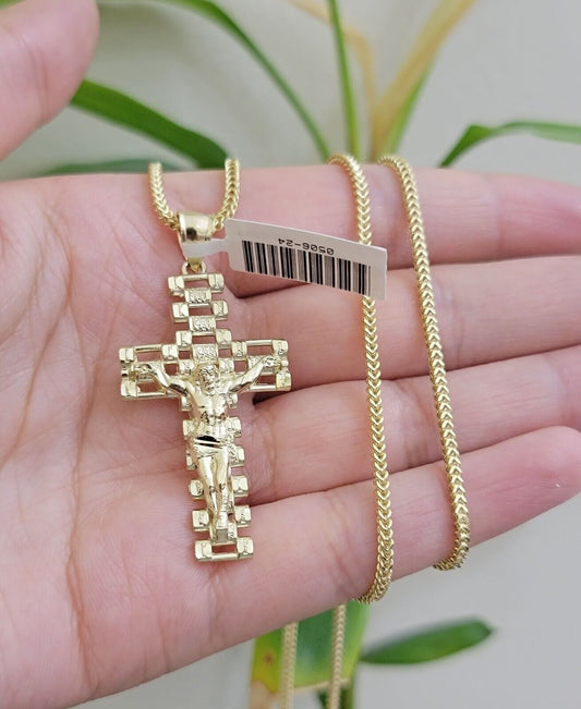 Real 10k Gold Franco Chain Cross Charm SET 20 Inch 2mm Necklace Jesus Pendant - Reva Jeweler