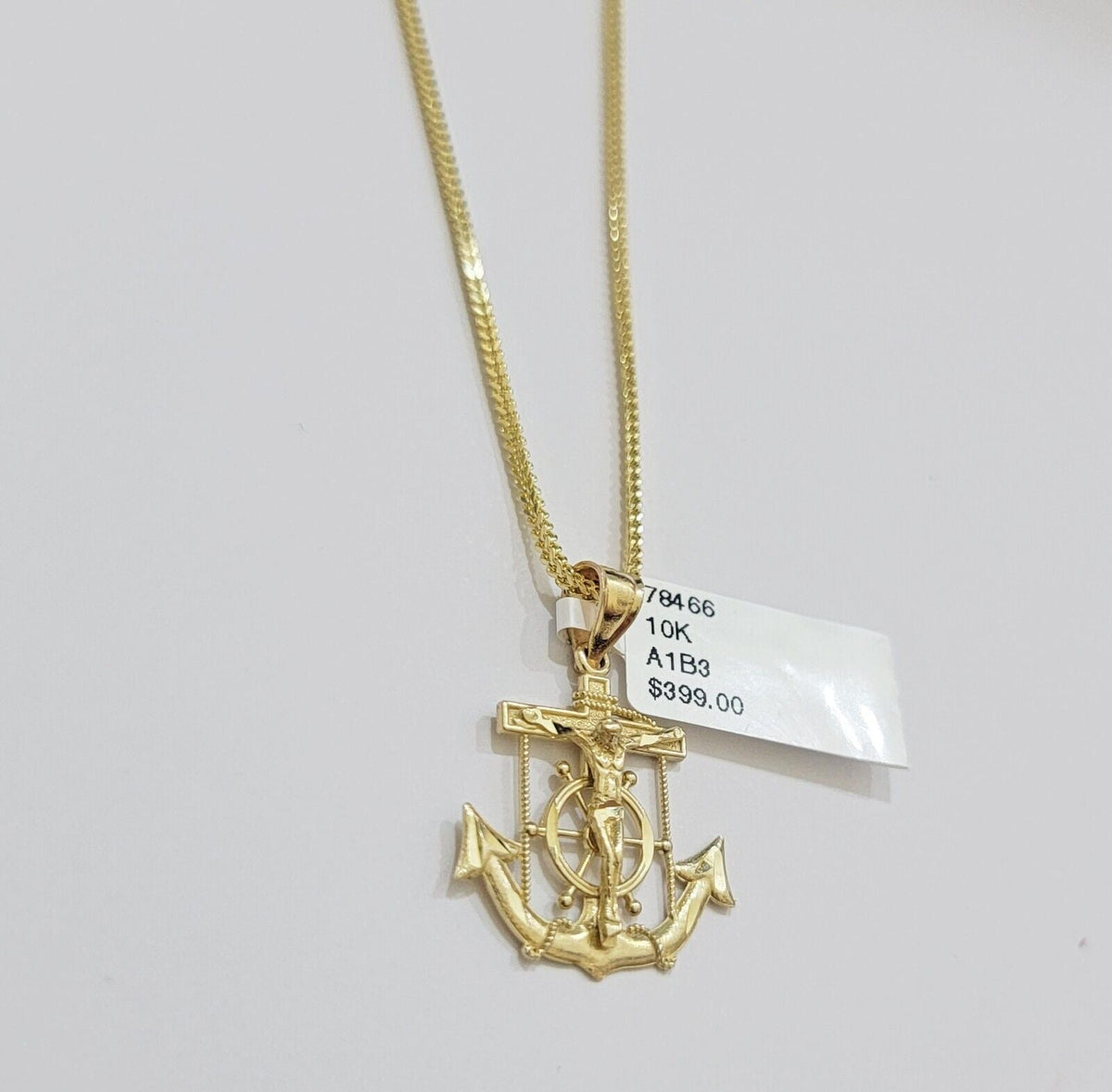 Real 10k Gold Franco Chain Jesus Anchor Charm Pendant Necklace SET Men Women - Reva Jeweler