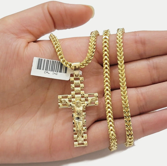 Real 10k Gold Franco chain & Jesus Cross Charm pendant , 3mm Necklace ,Men Women - Reva Jeweler