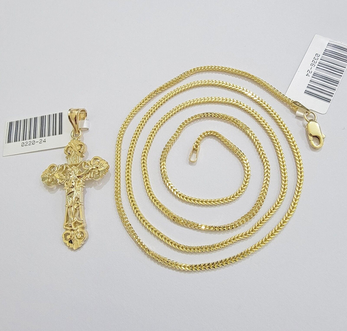 Real 10k Gold Franco Chain Jesus Cross Charm Pendant Necklace SET Men Women - Reva Jeweler