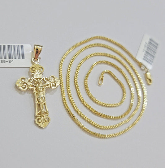 Real 10k Gold Franco Chain Jesus Cross Charm Pendant Necklace SET Men Women - Reva Jeweler