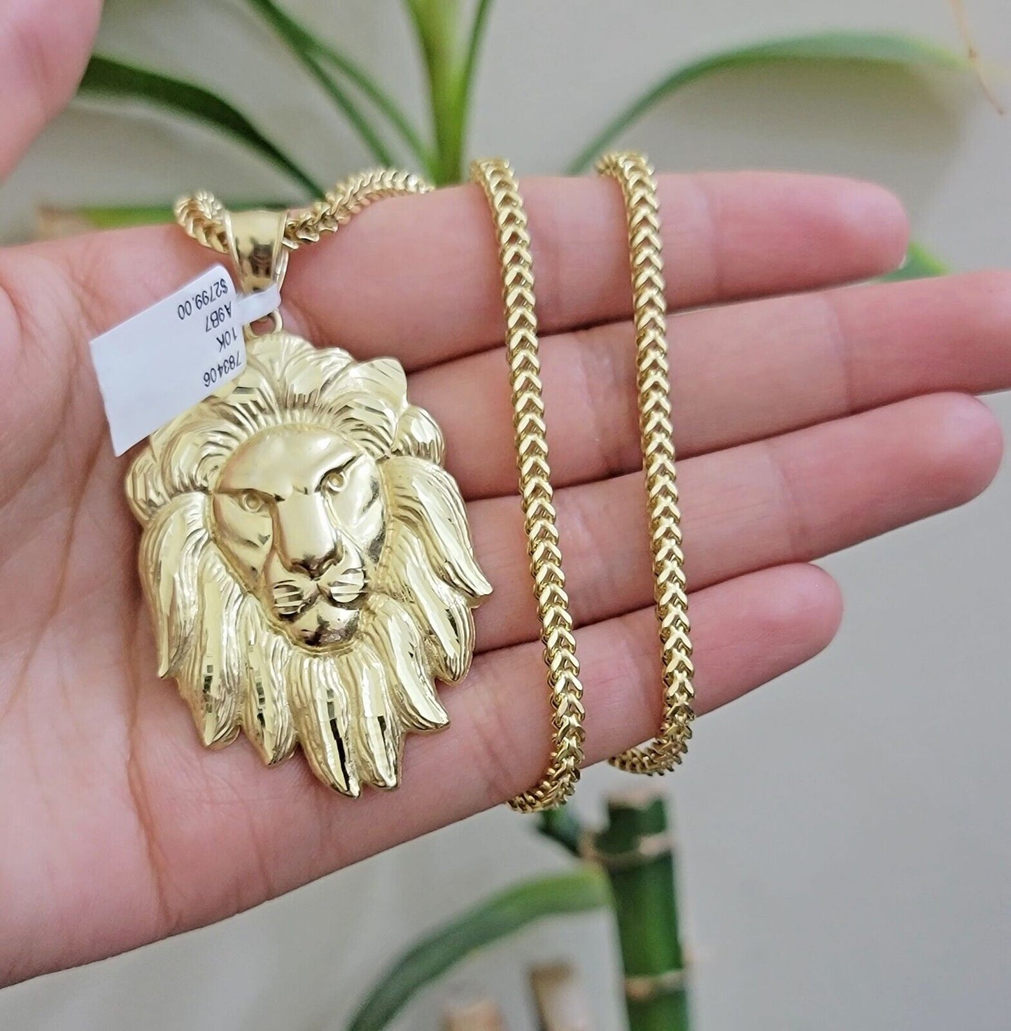 REAL 10k Gold Franco Necklace Charm Lion Head Pendant SET 20 - 26 Inch 3mm Chain - Reva Jeweler