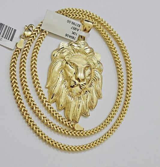 REAL 10k Gold Franco Necklace Charm Lion Head Pendant SET 20 - 26 Inch 3mm Chain - Reva Jeweler