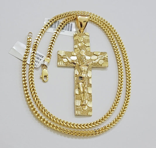 REAL 10k Gold Franco Necklace Nugget Cross Pendant SET 24 Inch 3mm Chain & Charm - Reva Jeweler