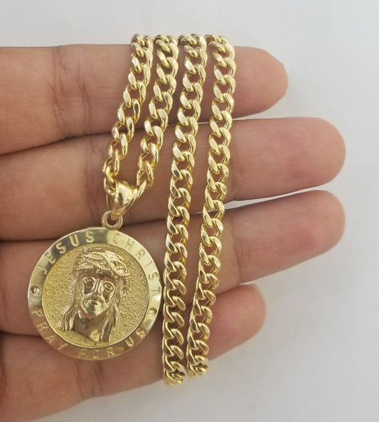 Real 10k Gold Jesus Pendant Miami Cuban link Chain 4mm 20" Set Round - Reva Jeweler