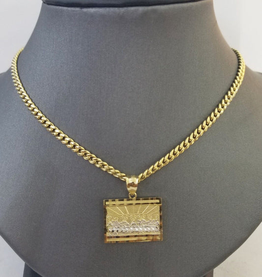 Real 10k Gold Last Supper Charm Chain Miami Cuban Link Necklace 4mm 24 Inch SET - Reva Jeweler