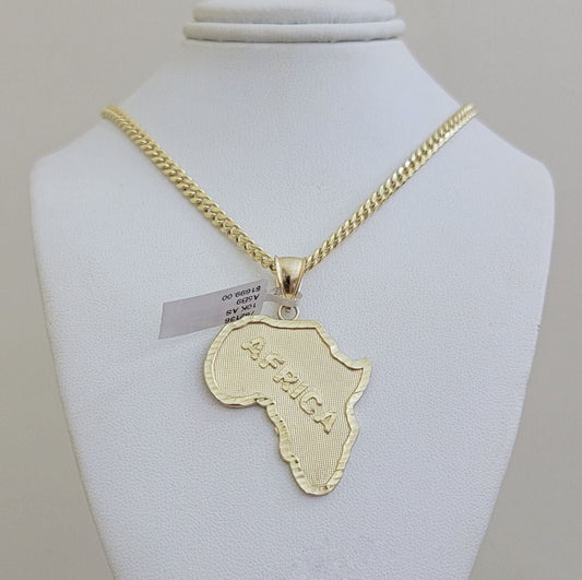 Real 10k Gold Map Charm & Miami Cuban Link Chain Necklace SET 4mm 26Inch Pendant - Reva Jeweler