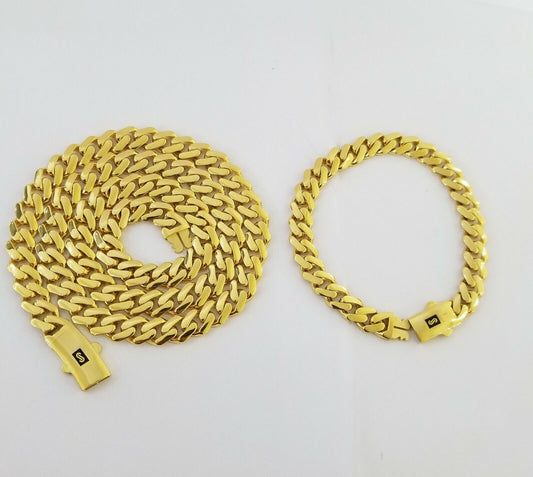 Real 10k Gold Miami Cuban Link Royal 9mm Monaco chain and Bracelet Set ,Necklace - Reva Jeweler