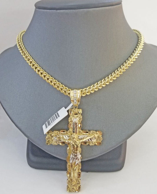 Real 10k Gold Nugget Cross Pendant Franco Necklace 4mm 24" Chain Charm SET 10kt - Reva Jeweler
