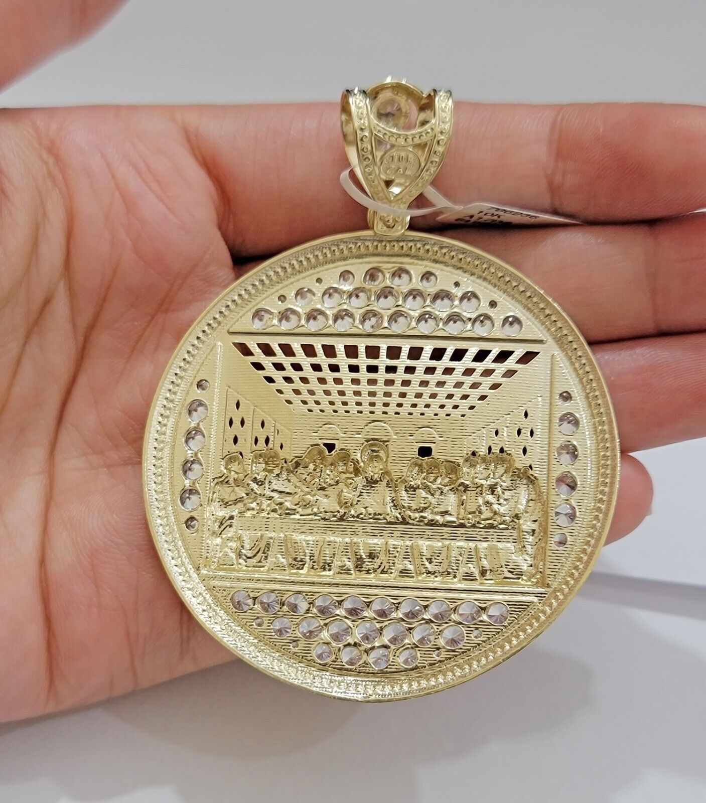 Real 10k Gold Pendant Charm Last Supper Jesus 10kt Yellow Gold With Stones , New - Reva Jeweler