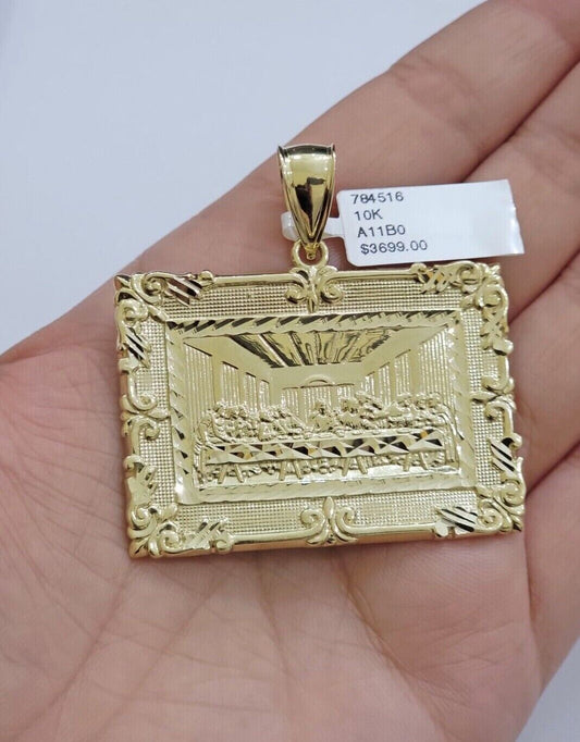 Real 10k Gold Pendant Charm Last Supper Square Jesus 10kt Yellow 1.5 - 3 Inch SALE - Reva Jeweler