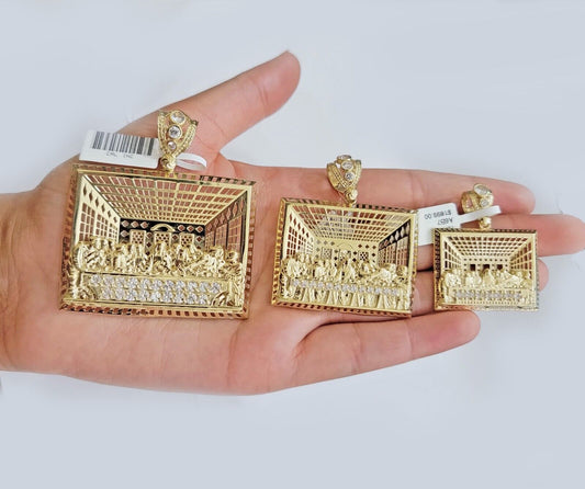 Real 10k Gold Pendant Charm Last Supper Square Jesus 10kt Yellow Gold With Stone - Reva Jeweler