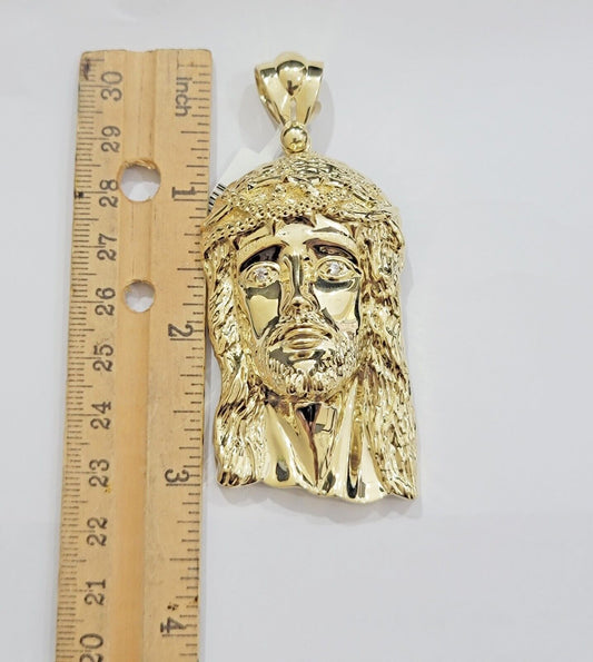 Real 10k Gold Pendant Jesus Head Charm 10kt Yellow Gold 3.1 Inch Long For Men's - Reva Jeweler