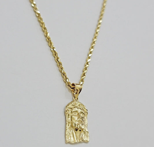 REAL 10k Gold Pendant & Solid Rope Chain Necklace 18" - 24 Inch Jesus Face Charm - Reva Jeweler