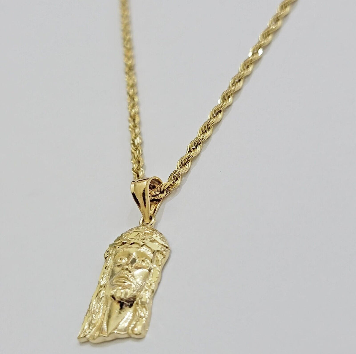 REAL 10k Gold Pendant & Solid Rope Chain Necklace 18" - 24 Inch Jesus Face Charm - Reva Jeweler