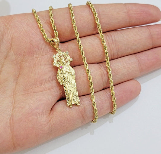REAL 10k Gold Pendant & Solid Rope Chain Necklace 18" - 24 Inch Saint Jude Charm - Reva Jeweler
