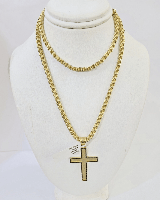 Real 10k Gold Plain Cross Byzantine Chain Necklace 3mm 20" SET 10kt Genuine - GoldenlinQ