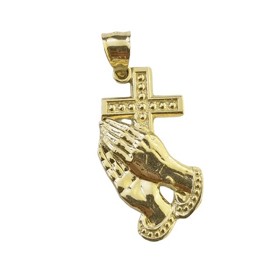 Real 10K Gold Praying Hand Jesus Cross Pendent 4mm Franco Chain 22" Inch Charm - Reva Jeweler