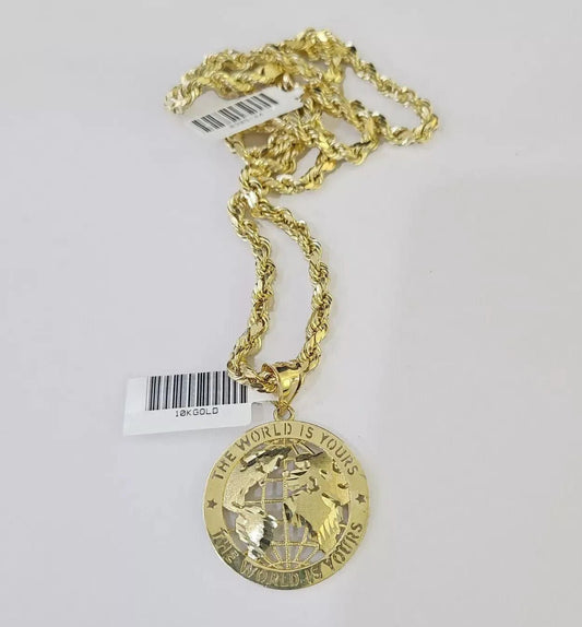Real 10k Gold Rope Chain Charm World Map Pendant SET 4mm 18 - 28 inch Necklace - Reva Jeweler
