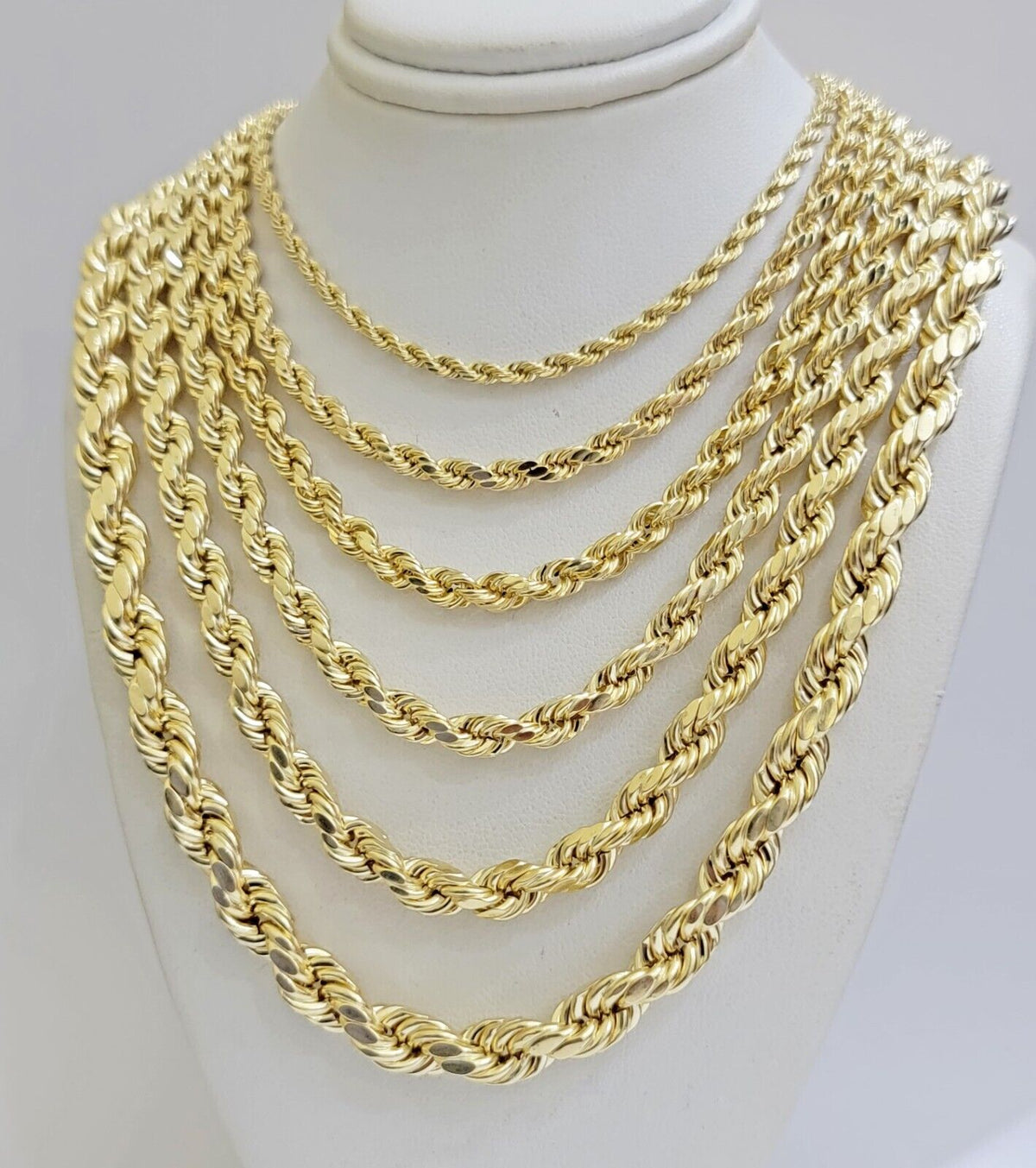Real 10k Gold Rope Chain Necklace 18 - 30 Inch 3mm to 10mm Diamond Cut 10KT Yellow - Reva Jeweler