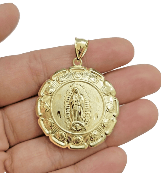 Real 10k Jesus Virgin Mary Charm Pendant Yellow Gold 1.8 Inch Chain Necklace New - Reva Jeweler